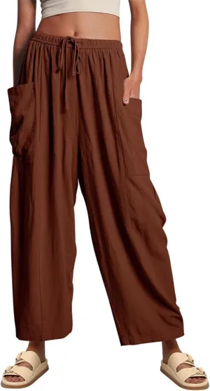 Linen Palazzo Pants Women Wide Leg Beach Trousers Lightweight Boho Harem Pants with Pockets Elastic Waist