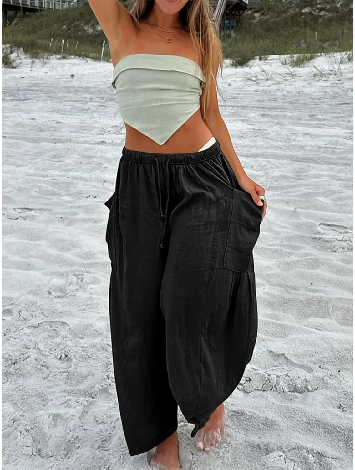 Linen Palazzo Pants Women Wide Leg Beach Trousers Lightweight Boho Harem Pants with Pockets Elastic Waist