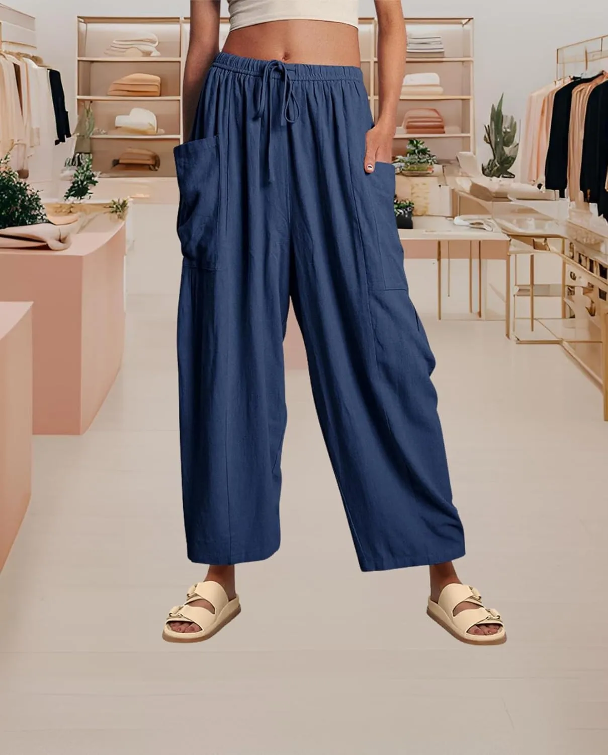 Linen Palazzo Pants Women Wide Leg Beach Trousers Lightweight Boho Harem Pants with Pockets Elastic Waist