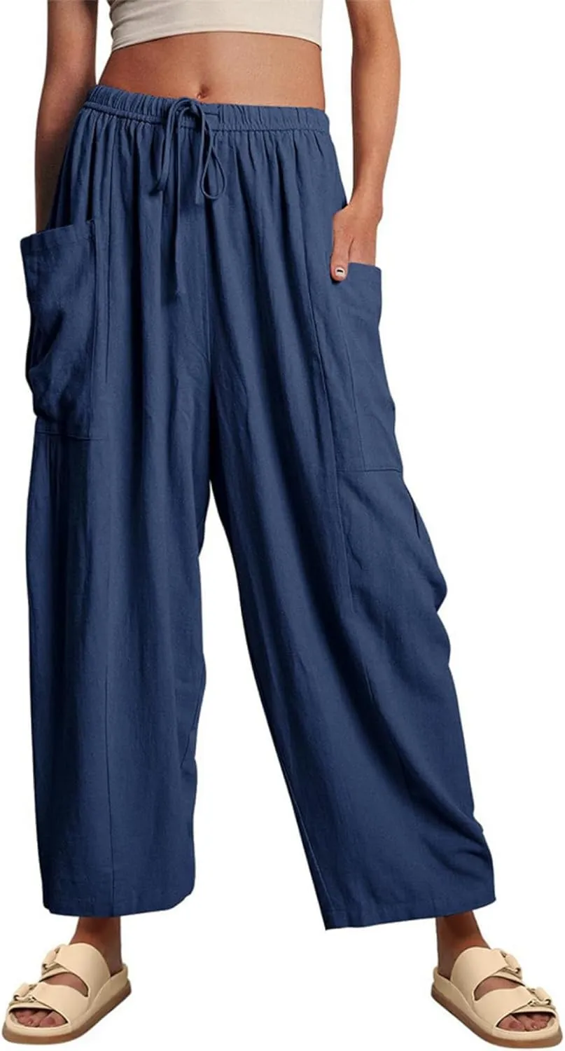 Linen Palazzo Pants Women Wide Leg Beach Trousers Lightweight Boho Harem Pants with Pockets Elastic Waist