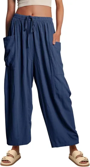 Linen Palazzo Pants Women Wide Leg Beach Trousers Lightweight Boho Harem Pants with Pockets Elastic Waist