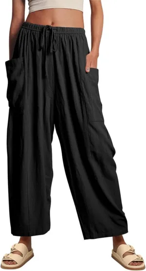 Linen Palazzo Pants Women Wide Leg Beach Trousers Lightweight Boho Harem Pants with Pockets Elastic Waist