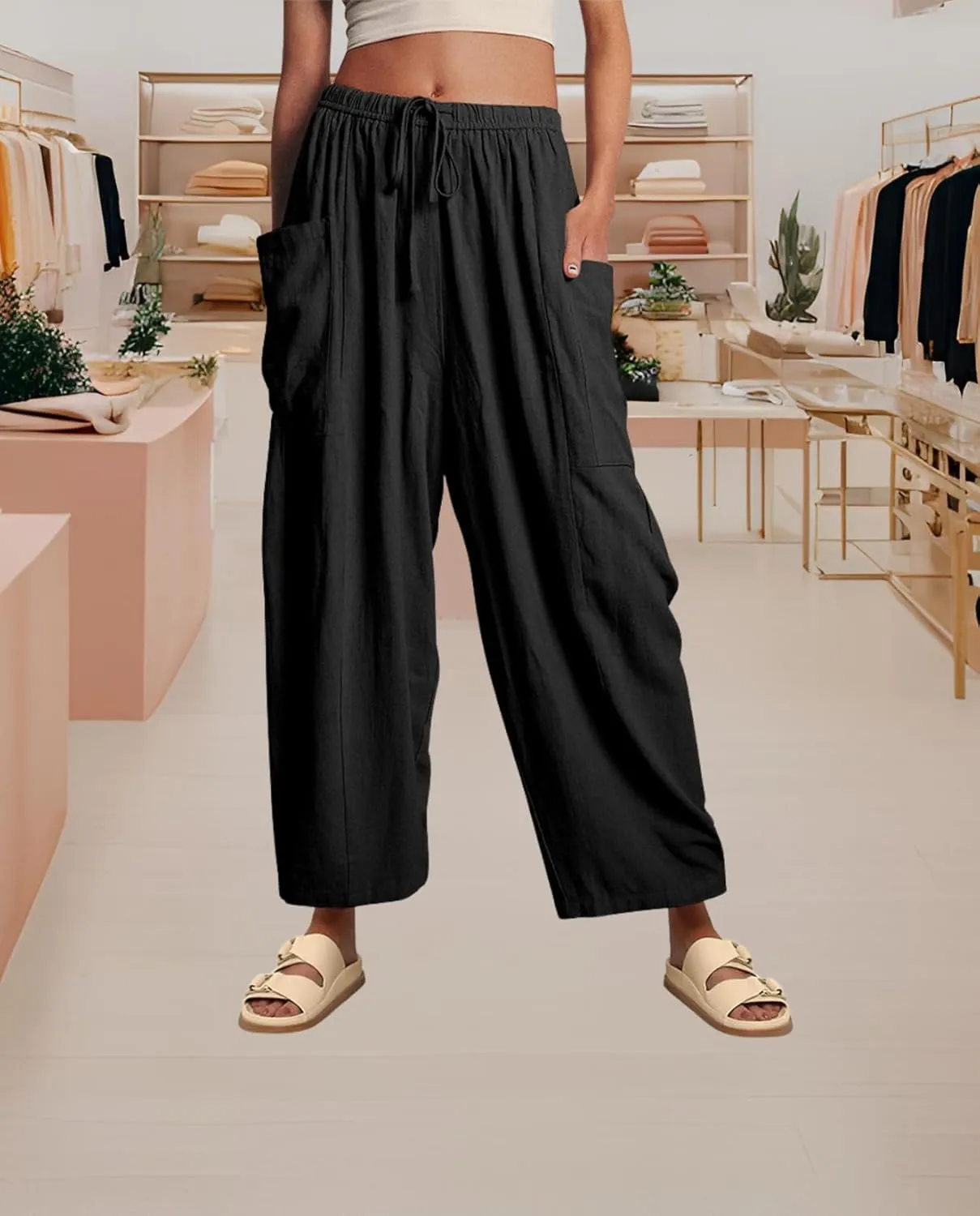 Linen Palazzo Pants Women Wide Leg Beach Trousers Lightweight Boho Harem Pants with Pockets Elastic Waist