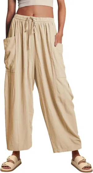 Linen Palazzo Pants Women Wide Leg Beach Trousers Lightweight Boho Harem Pants with Pockets Elastic Waist