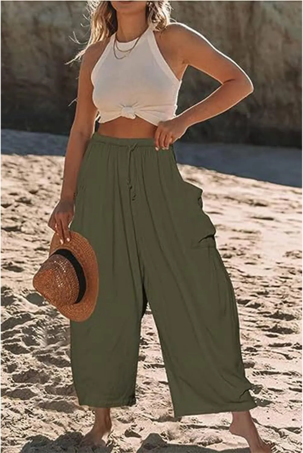 Linen Palazzo Pants Women Wide Leg Beach Trousers Lightweight Boho Harem Pants with Pockets Elastic Waist