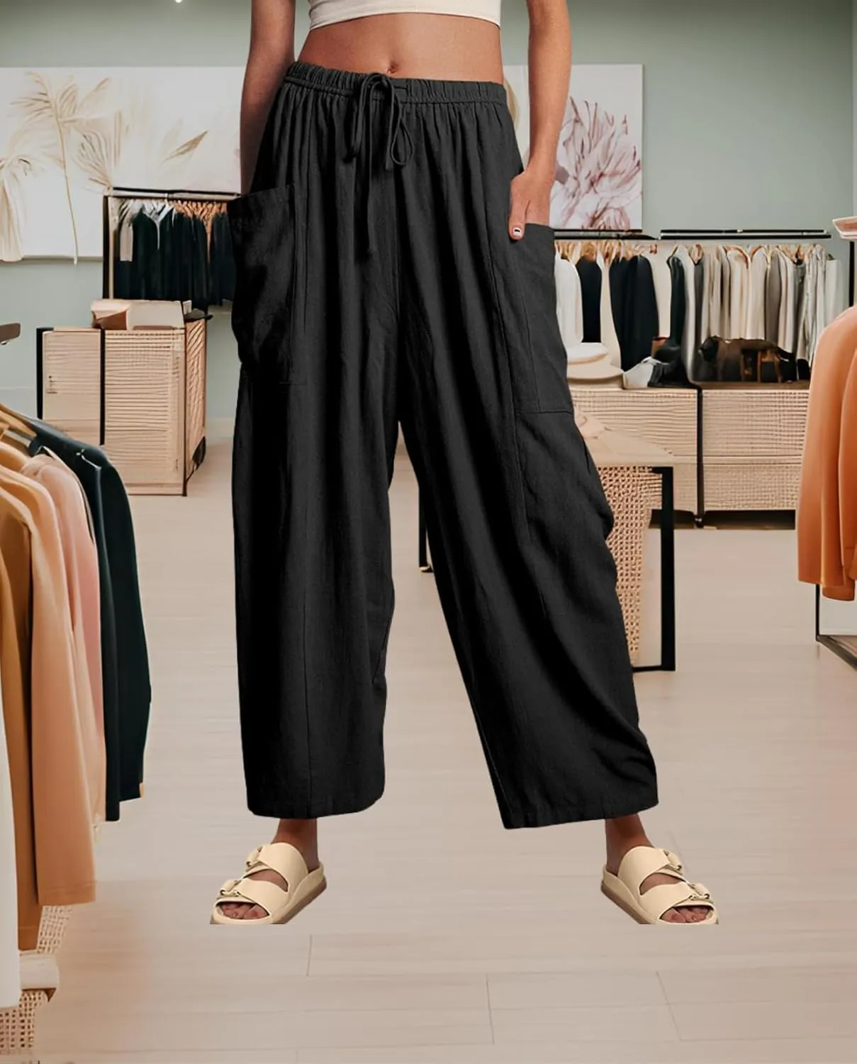 Linen Palazzo Pants Women Wide Leg Beach Trousers Lightweight Boho Harem Pants with Pockets Elastic Waist