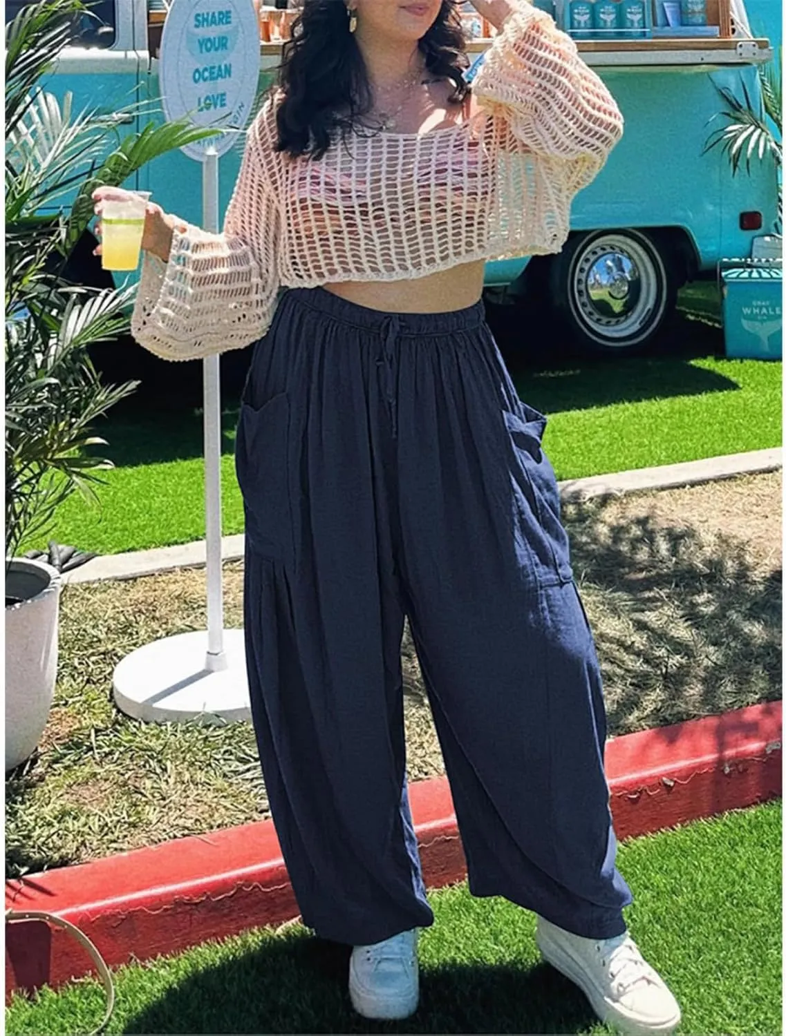 Linen Palazzo Pants Women Wide Leg Beach Trousers Lightweight Boho Harem Pants with Pockets Elastic Waist