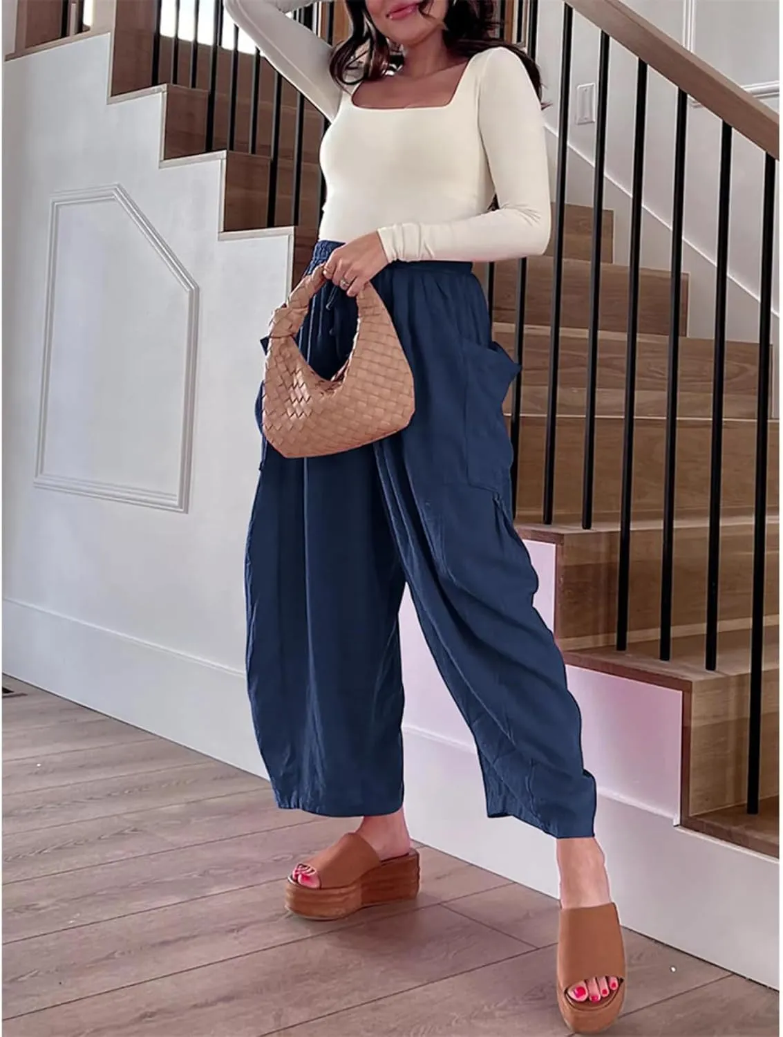Linen Palazzo Pants Women Wide Leg Beach Trousers Lightweight Boho Harem Pants with Pockets Elastic Waist