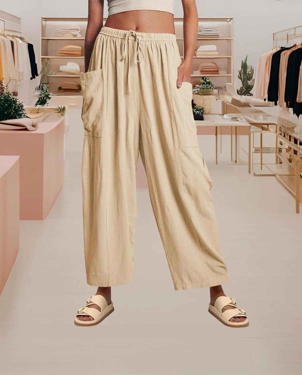 Linen Palazzo Pants Women Wide Leg Beach Trousers Lightweight Boho Harem Pants with Pockets Elastic Waist