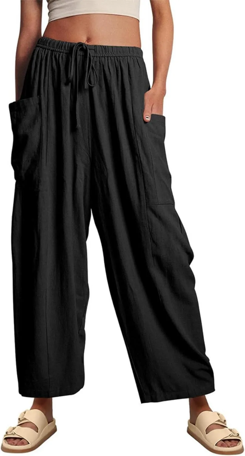 Linen Palazzo Pants Women Wide Leg Beach Trousers Lightweight Boho Harem Pants with Pockets Elastic Waist