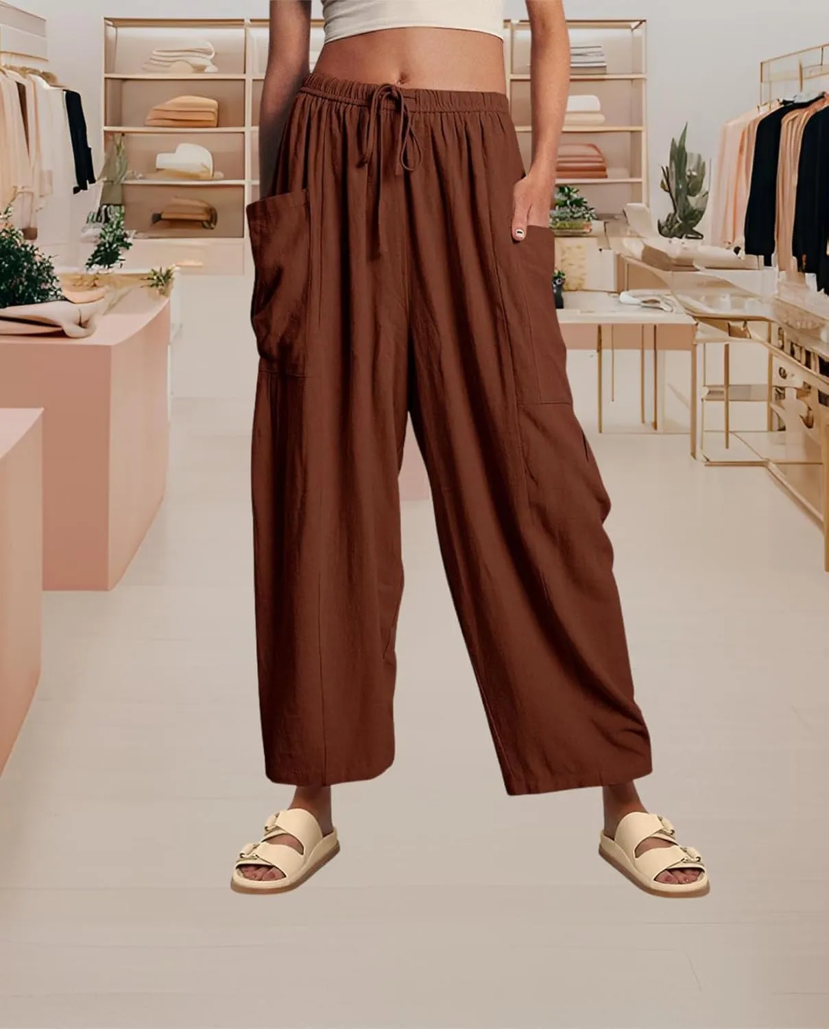 Linen Palazzo Pants Women Wide Leg Beach Trousers Lightweight Boho Harem Pants with Pockets Elastic Waist