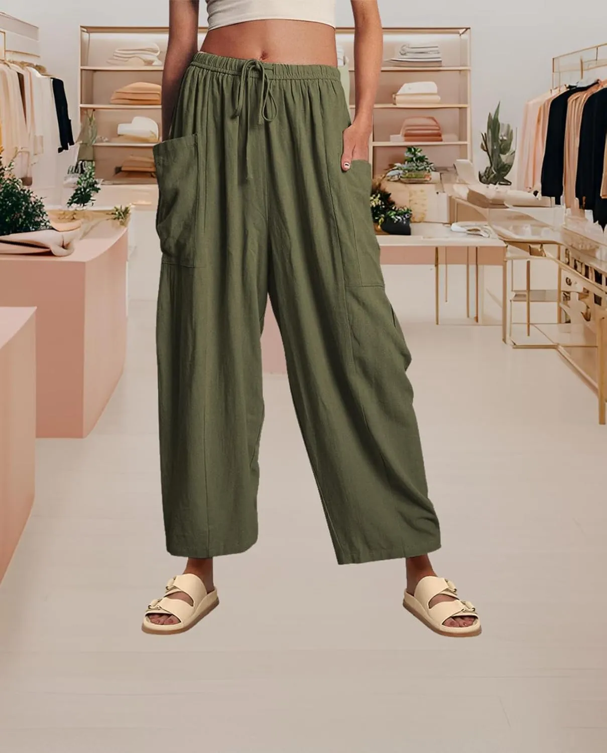 Linen Palazzo Pants Women Wide Leg Beach Trousers Lightweight Boho Harem Pants with Pockets Elastic Waist