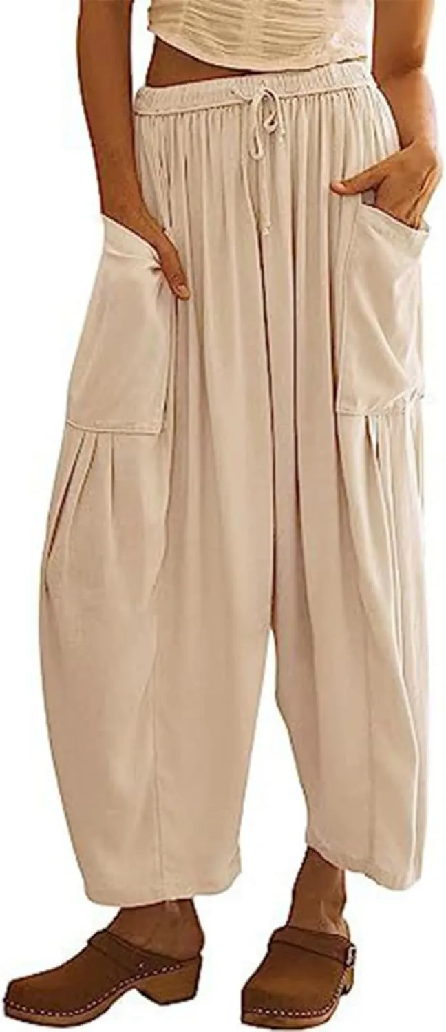 Linen Palazzo Pants Women Wide Leg Beach Trousers Lightweight Boho Harem Pants with Pockets Elastic Waist