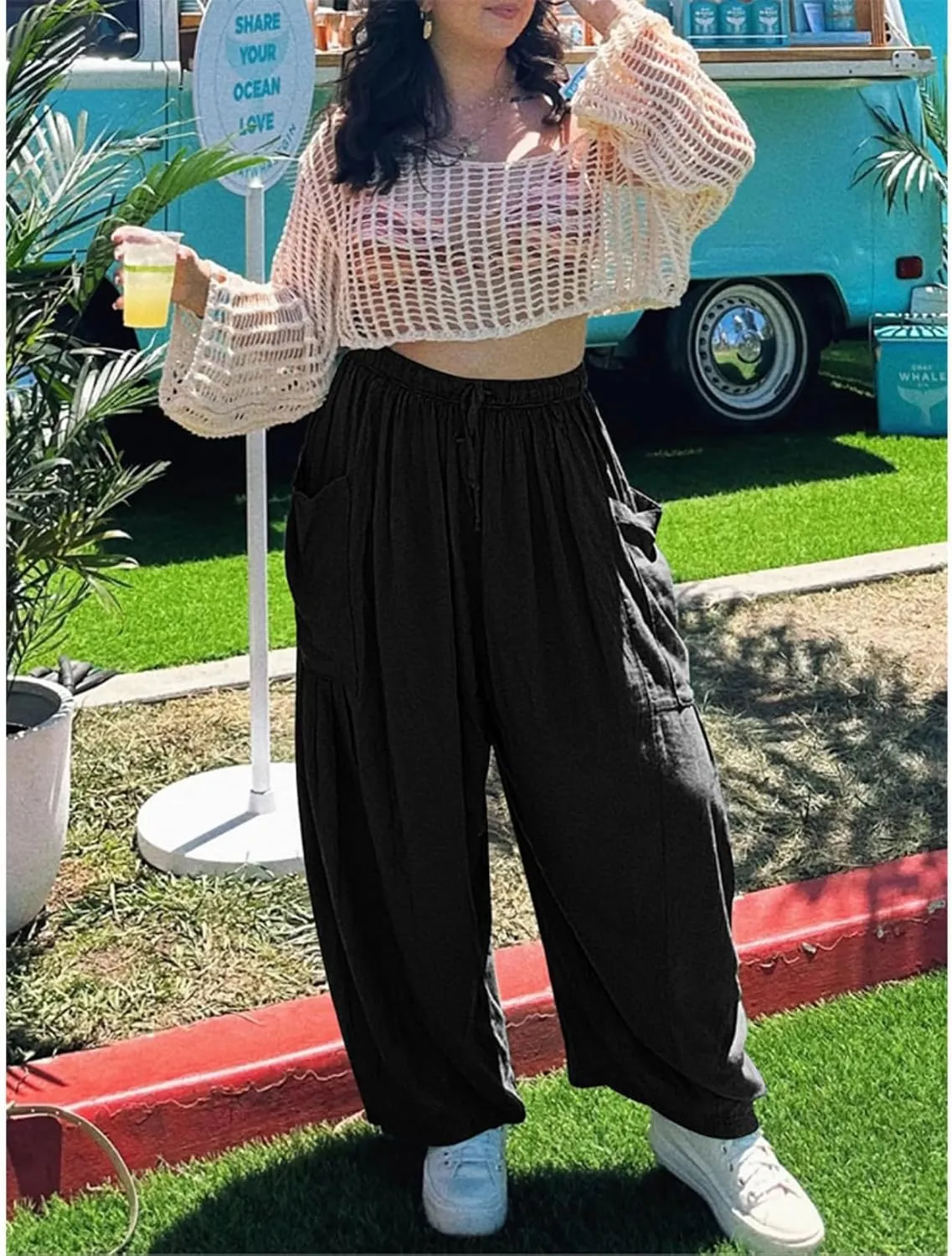 Linen Palazzo Pants Women Wide Leg Beach Trousers Lightweight Boho Harem Pants with Pockets Elastic Waist