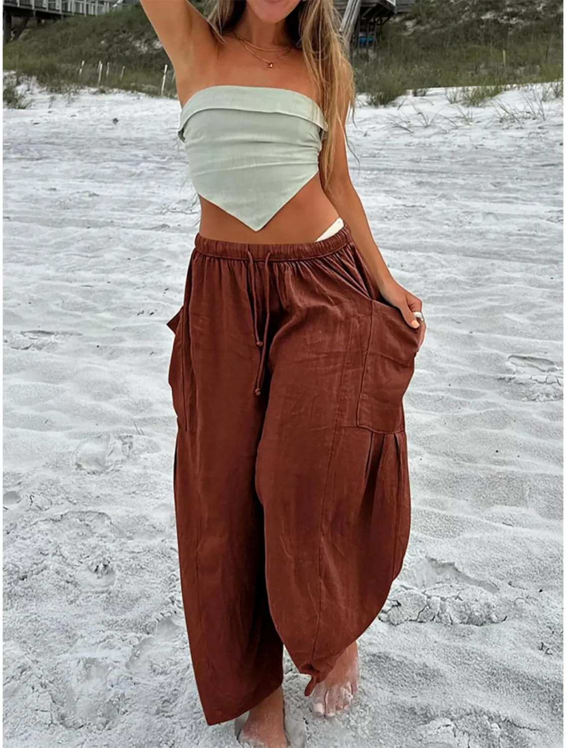 Linen Palazzo Pants Women Wide Leg Beach Trousers Lightweight Boho Harem Pants with Pockets Elastic Waist