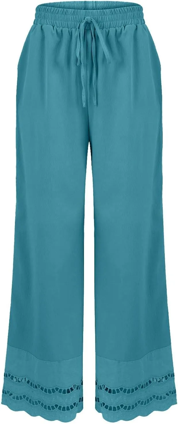 Linen Pants for Women Summer High Waist Elastic Straight Leg Lounge Pant 2025 Loose Lightweight Beach Trousers