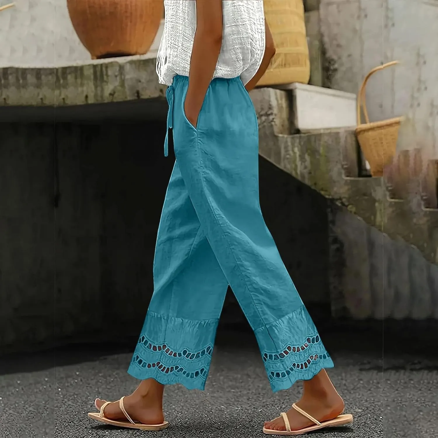 Linen Pants for Women Summer High Waist Elastic Straight Leg Lounge Pant 2025 Loose Lightweight Beach Trousers