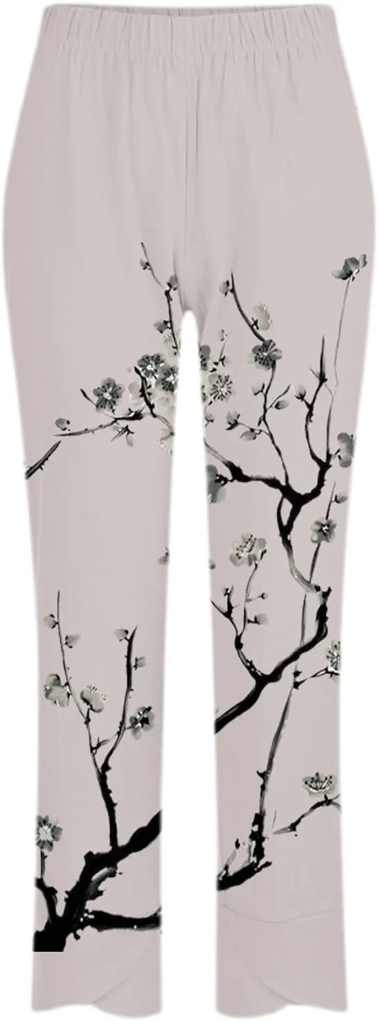 Linen Pants Women Cotton Casual Summer Printed Pants Elastic High Waist Oversized Lounge Baggy Comfy Trousers with Pockets
