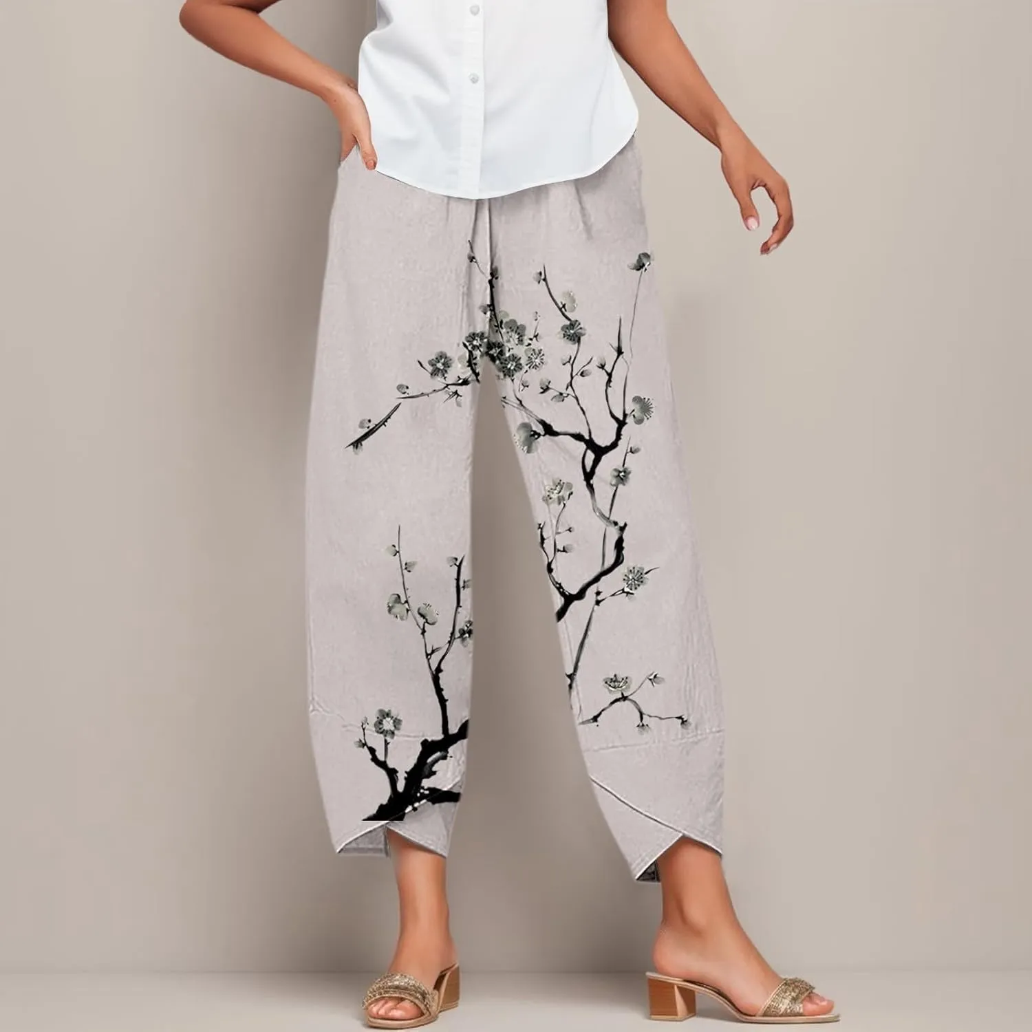 Linen Pants Women Cotton Casual Summer Printed Pants Elastic High Waist Oversized Lounge Baggy Comfy Trousers with Pockets