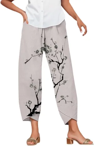 Linen Pants Women Cotton Casual Summer Printed Pants Elastic High Waist Oversized Lounge Baggy Comfy Trousers with Pockets