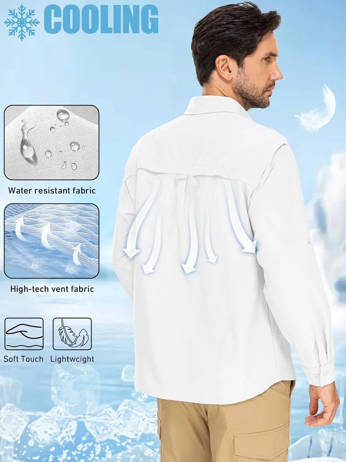 linlon Mens Safari Shirts Long Sleeve UV Protection Hiking Fishing UPF 50  Quick Dry Cooling Camping Travel Shirts