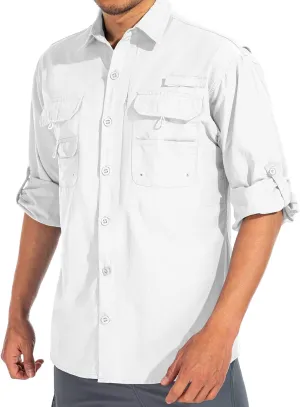 linlon Mens Safari Shirts Long Sleeve UV Protection Hiking Fishing UPF 50  Quick Dry Cooling Camping Travel Shirts