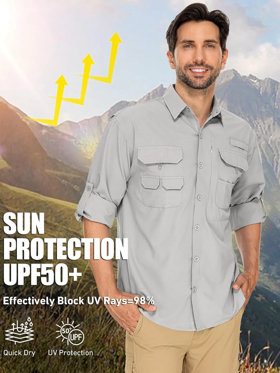 linlon Mens Safari Shirts Long Sleeve UV Protection Hiking Fishing UPF 50  Quick Dry Cooling Camping Travel Shirts