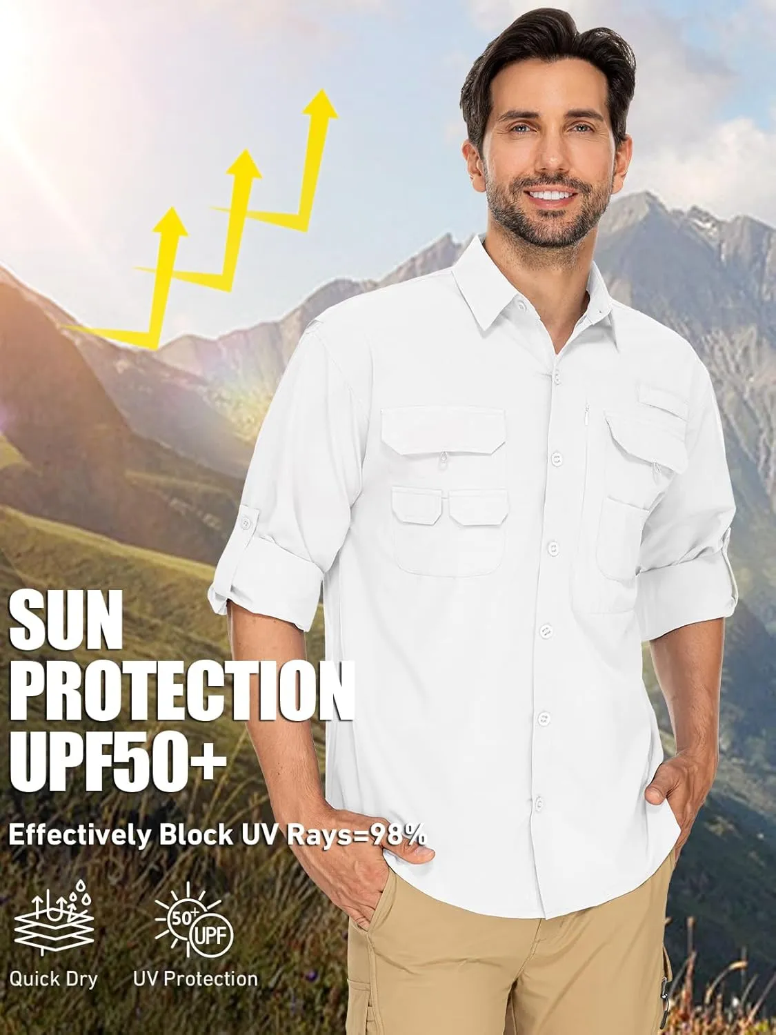 linlon Mens Safari Shirts Long Sleeve UV Protection Hiking Fishing UPF 50  Quick Dry Cooling Camping Travel Shirts