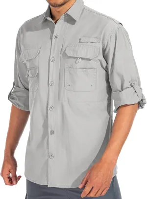 linlon Mens Safari Shirts Long Sleeve UV Protection Hiking Fishing UPF 50  Quick Dry Cooling Camping Travel Shirts