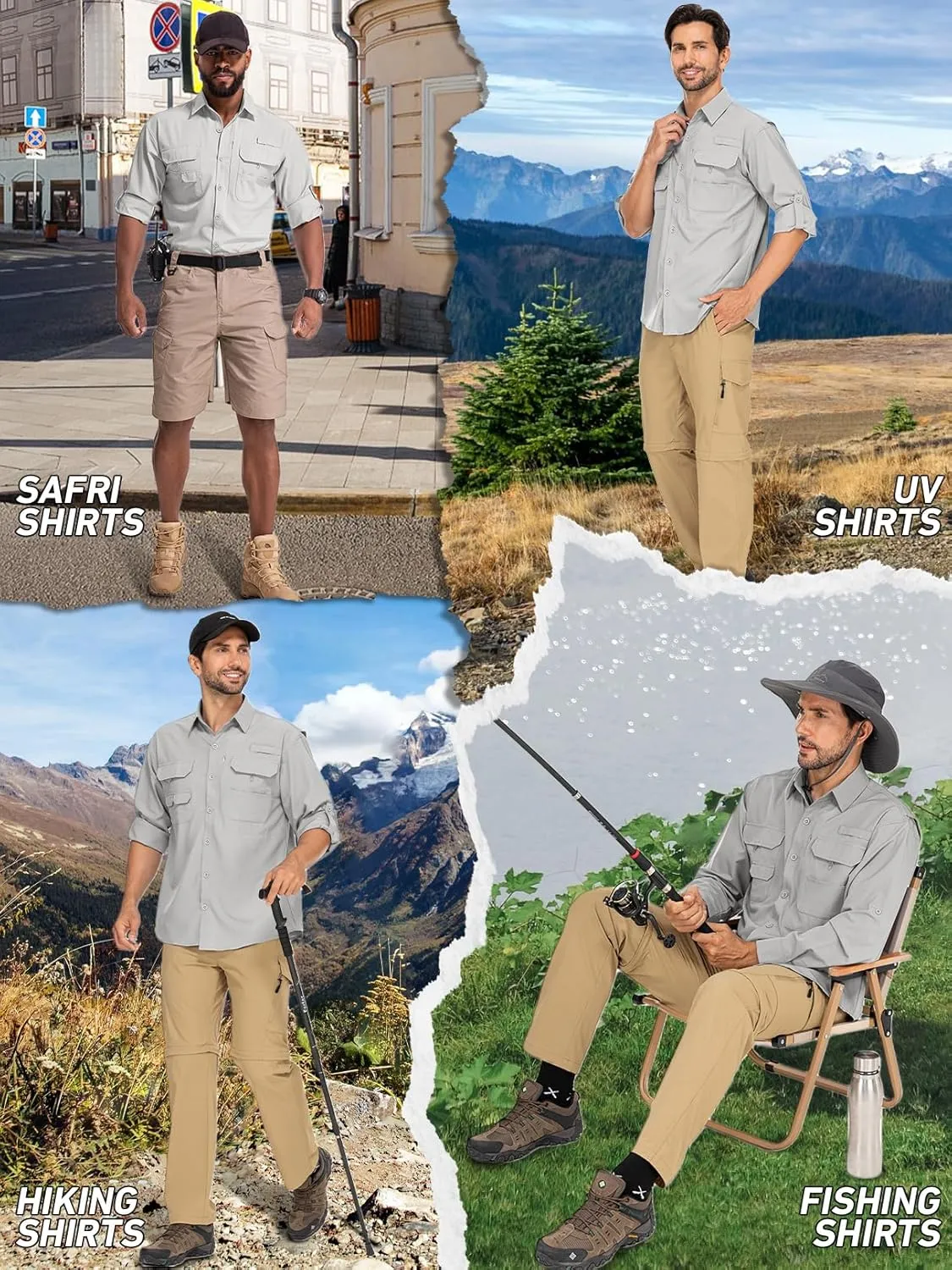 linlon Mens Safari Shirts Long Sleeve UV Protection Hiking Fishing UPF 50  Quick Dry Cooling Camping Travel Shirts