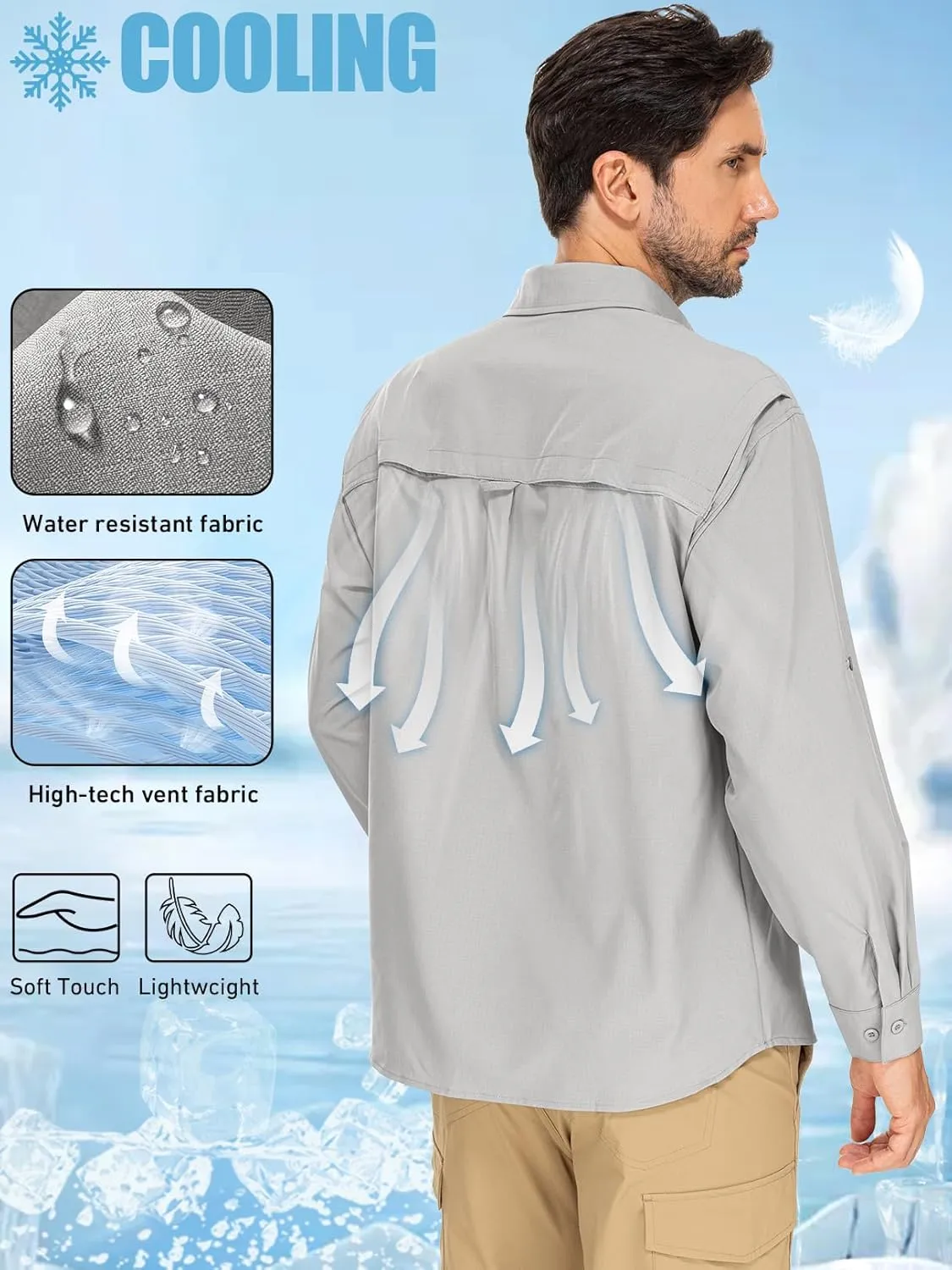 linlon Mens Safari Shirts Long Sleeve UV Protection Hiking Fishing UPF 50  Quick Dry Cooling Camping Travel Shirts