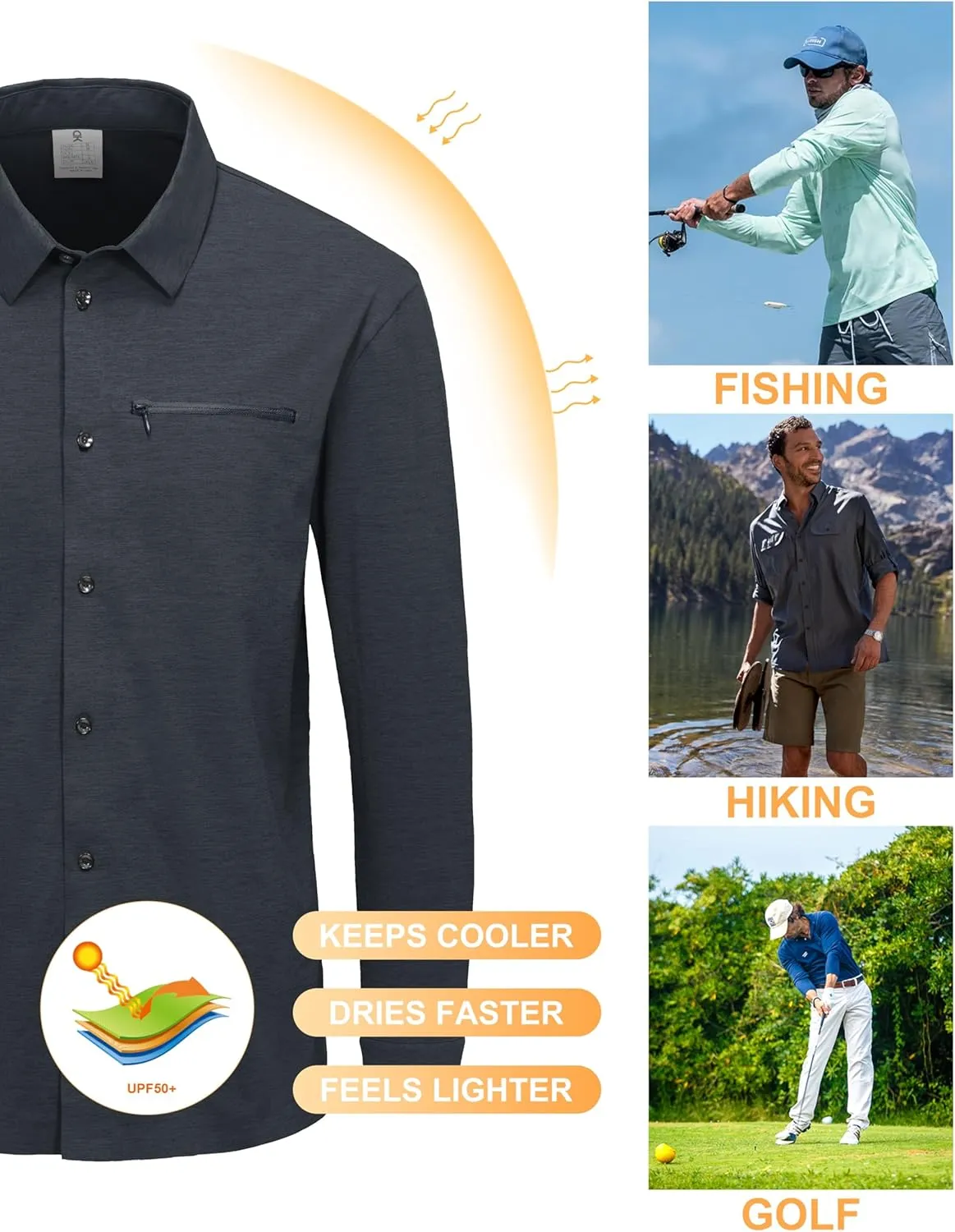 Little Donkey Andy Men's UPF 50  UV Protection Shirts, Cooling Quick-Dry Performance Fishing Shirts for Outdoor