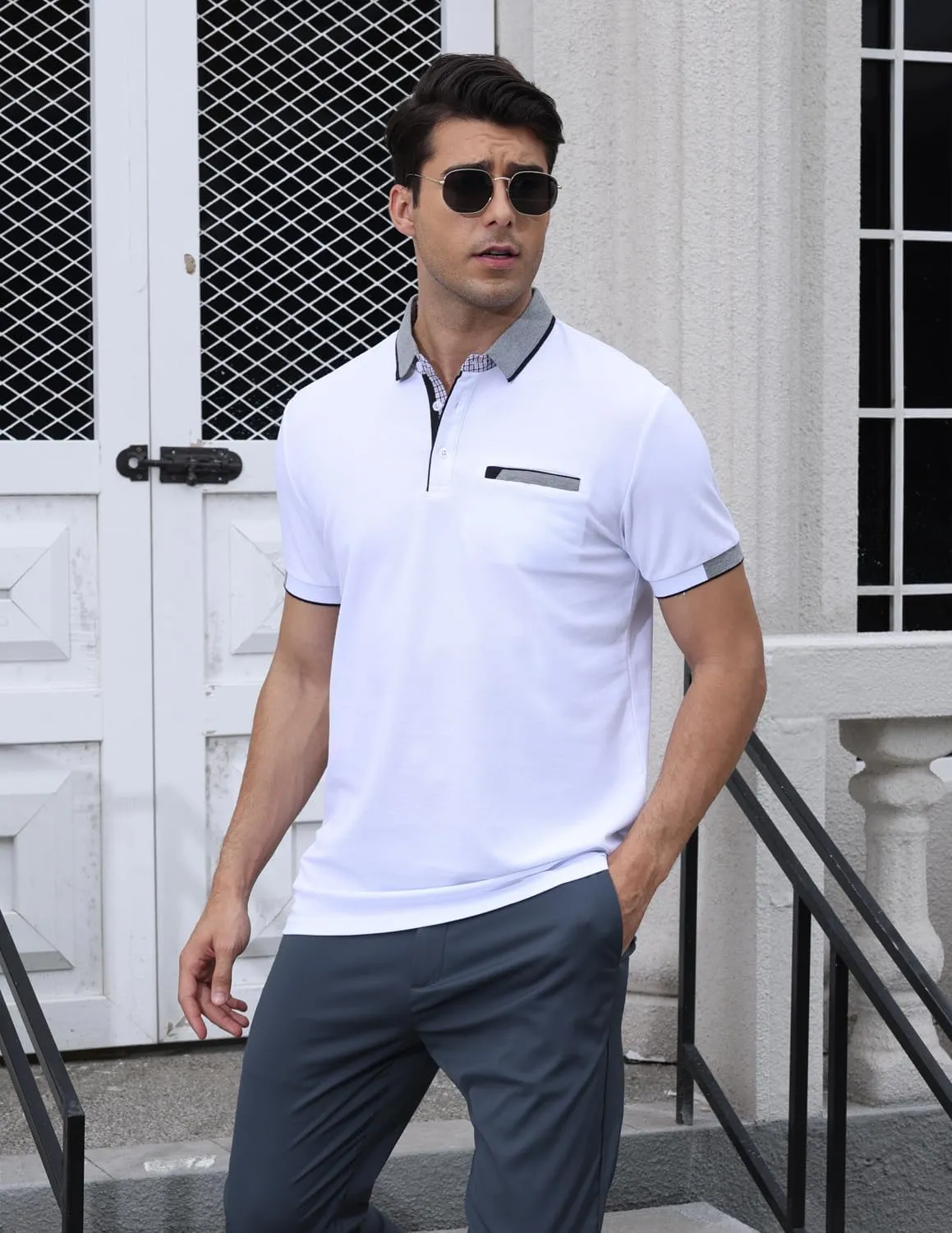 LIUPMWE Polo Shirts for Men with Pocket Elegante Plaided Short Sleeve Cotton T Shirts Golf Shirt
