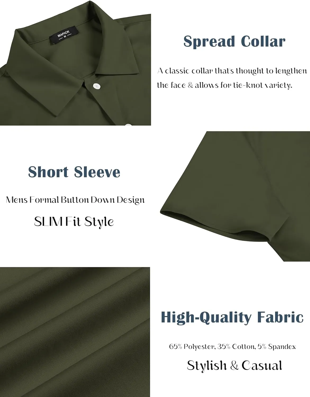 MAPICK Mens Button Down Slim Fit Dress Shirt Short Sleeve Button Down Shirts Summer Business Casual Work Shirts