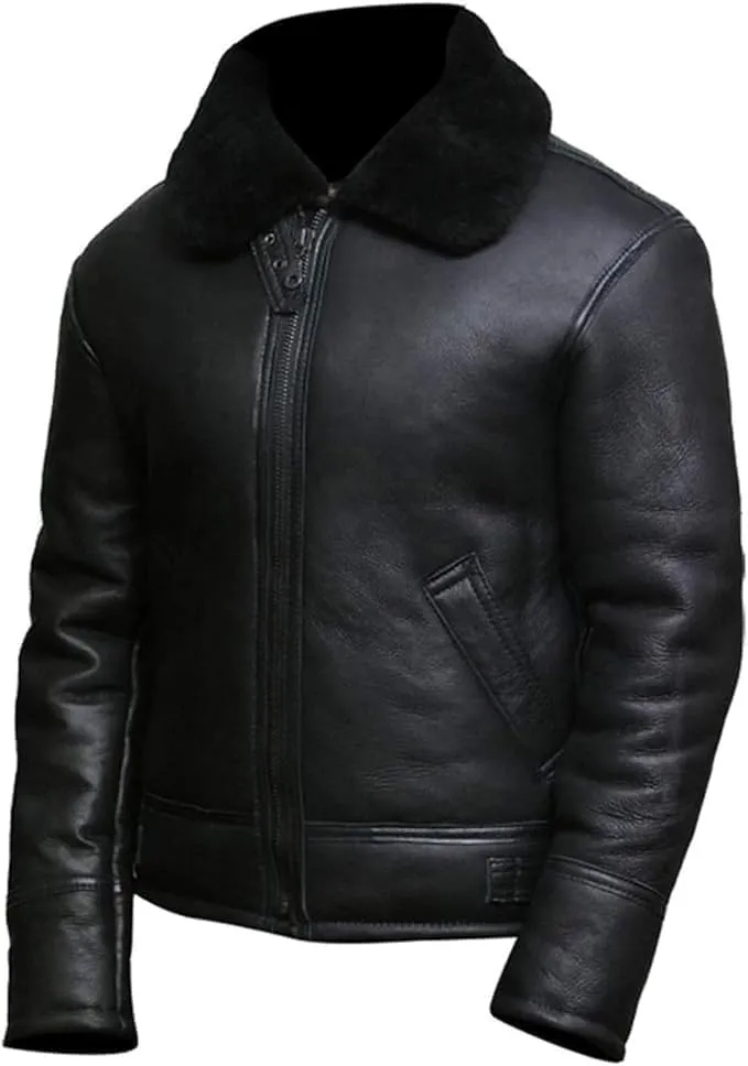 Mens B3 Brown Faux Fur Shearling Aviator Flight Pilot Bomber Lambskin Genuine Leather Jacket