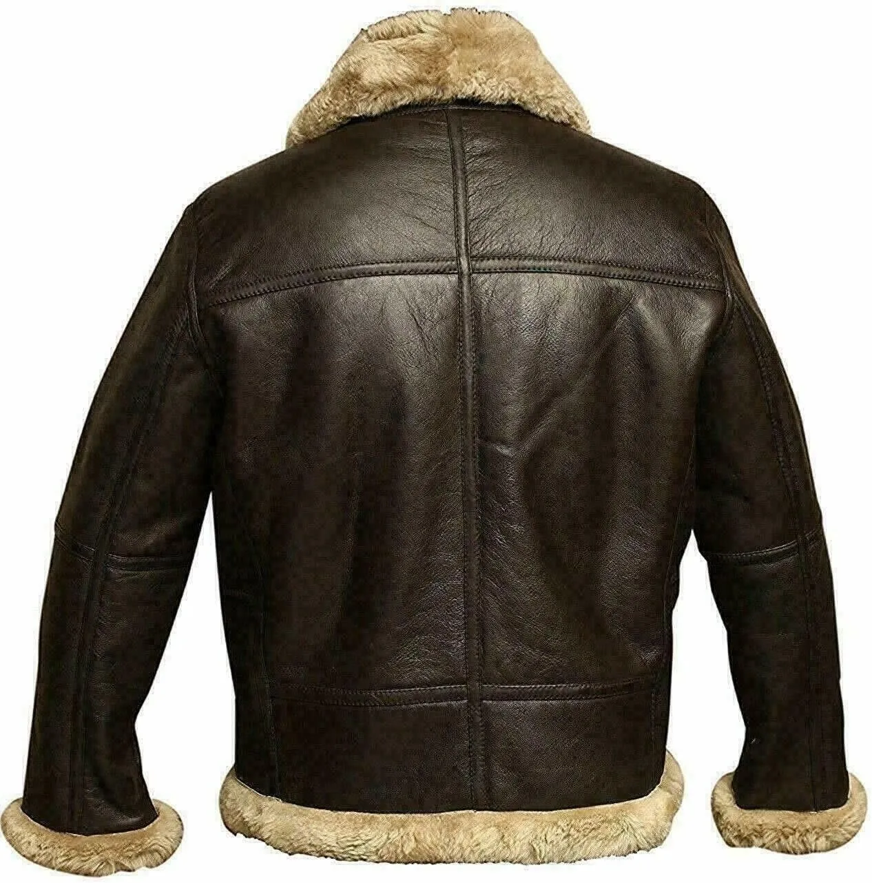 Mens B3 Brown Faux Fur Shearling Aviator Flight Pilot Bomber Lambskin Genuine Leather Jacket