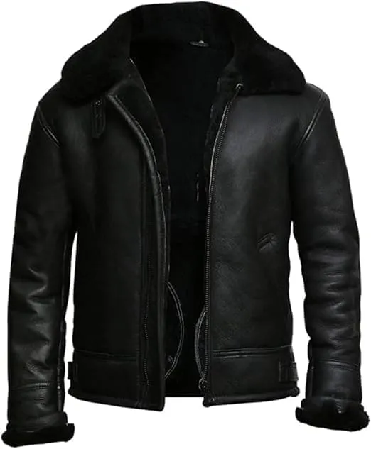 Mens B3 Brown Faux Fur Shearling Aviator Flight Pilot Bomber Lambskin Genuine Leather Jacket