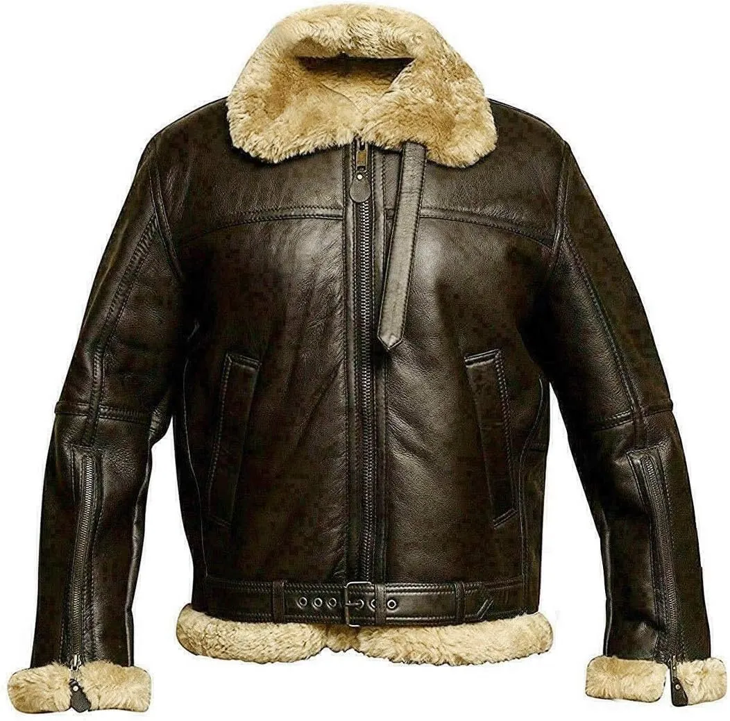 Mens B3 Brown Faux Fur Shearling Aviator Flight Pilot Bomber Lambskin Genuine Leather Jacket