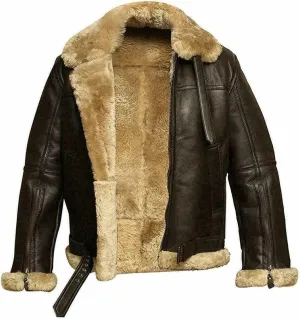 Mens B3 Brown Faux Fur Shearling Aviator Flight Pilot Bomber Lambskin Genuine Leather Jacket