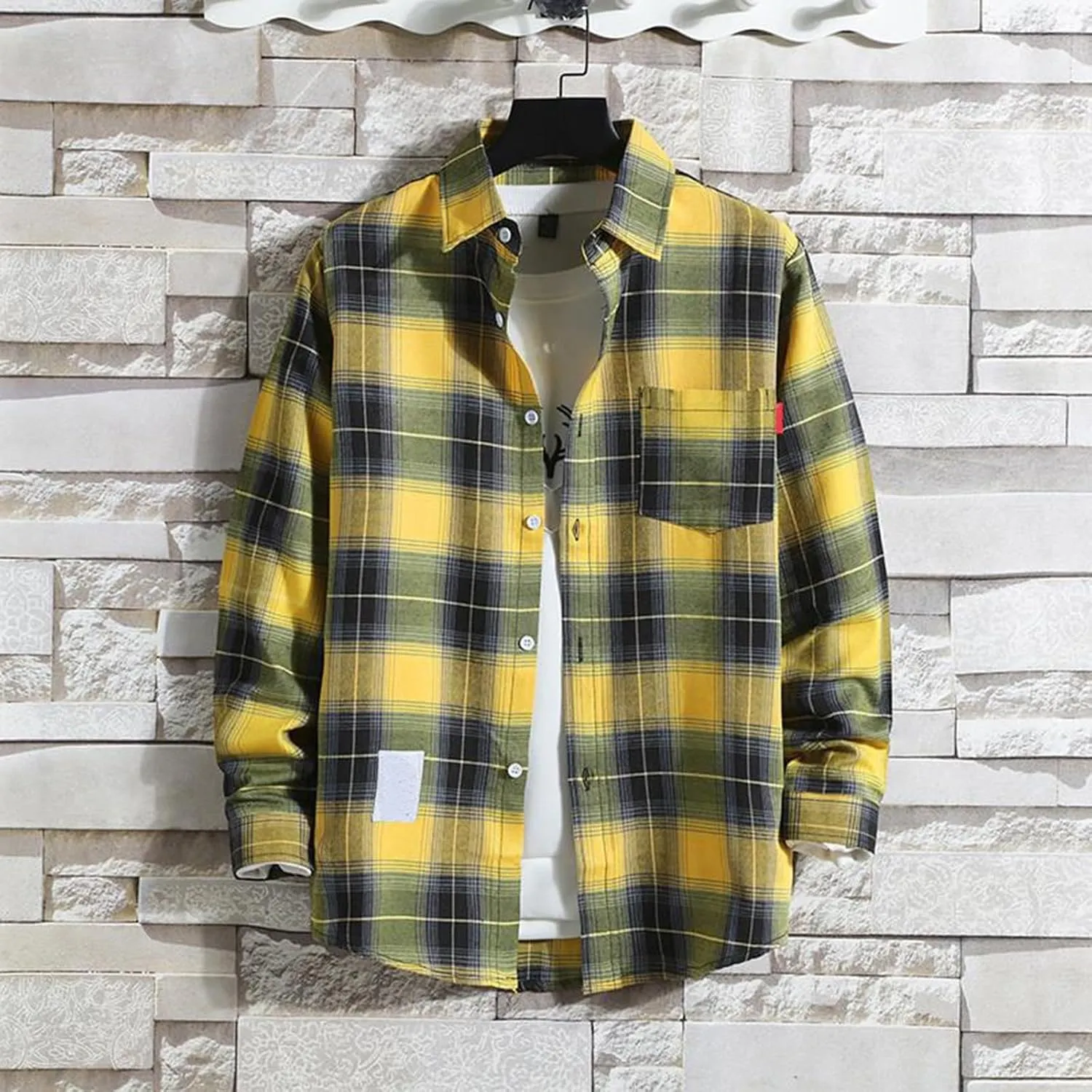 Mens Button Down Shirt Regular Fit Long Sleeve Buffalo Plaid Lapel Camp Shirts Casual Lightweight Jacket Fashion Tops