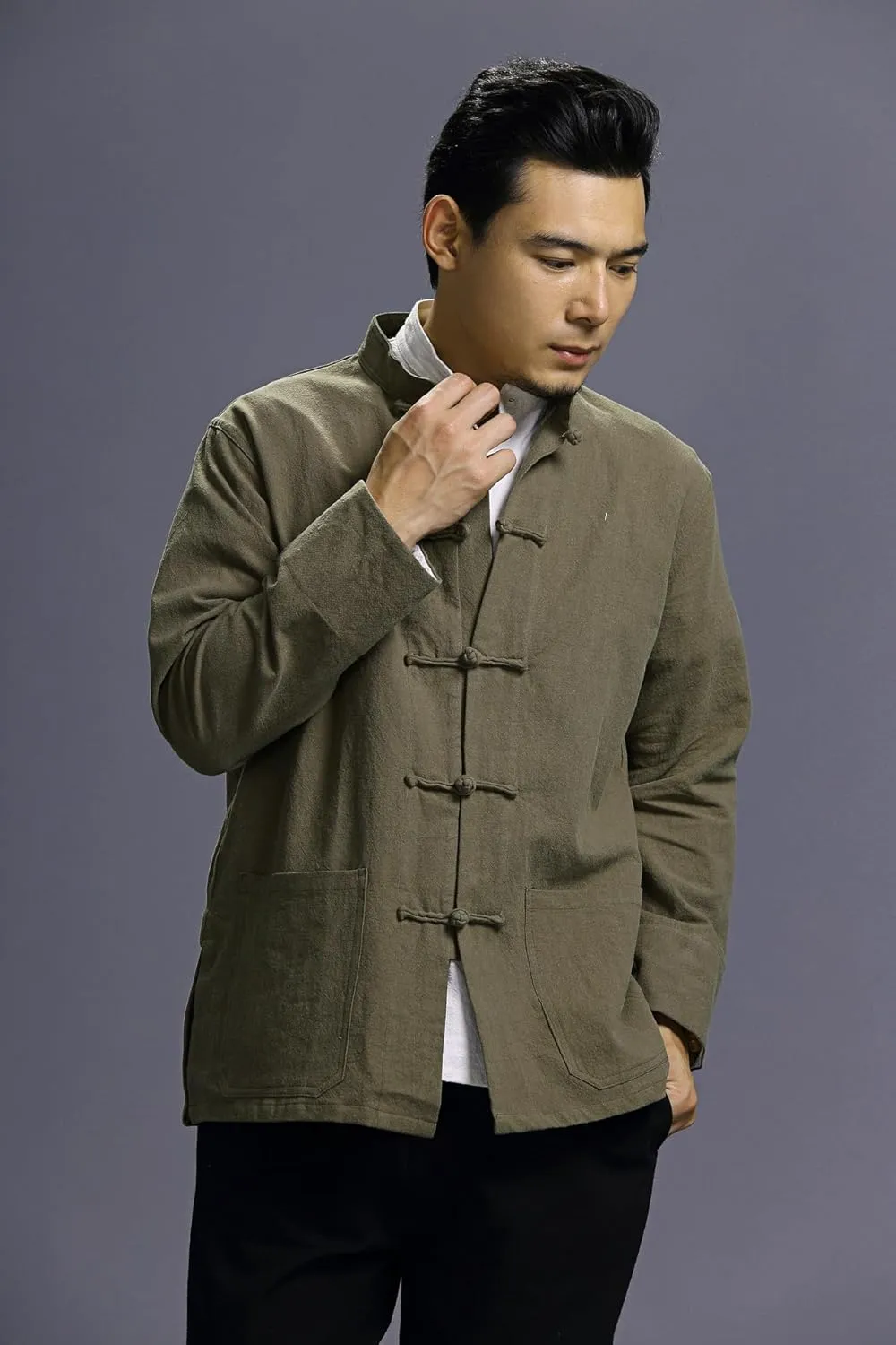 Men's Chinese Linen Cotton Blouse Shirts Long Sleeve Frog-Button Jacket Shirt Tai Chi Kung Fu Shirts with Pocket