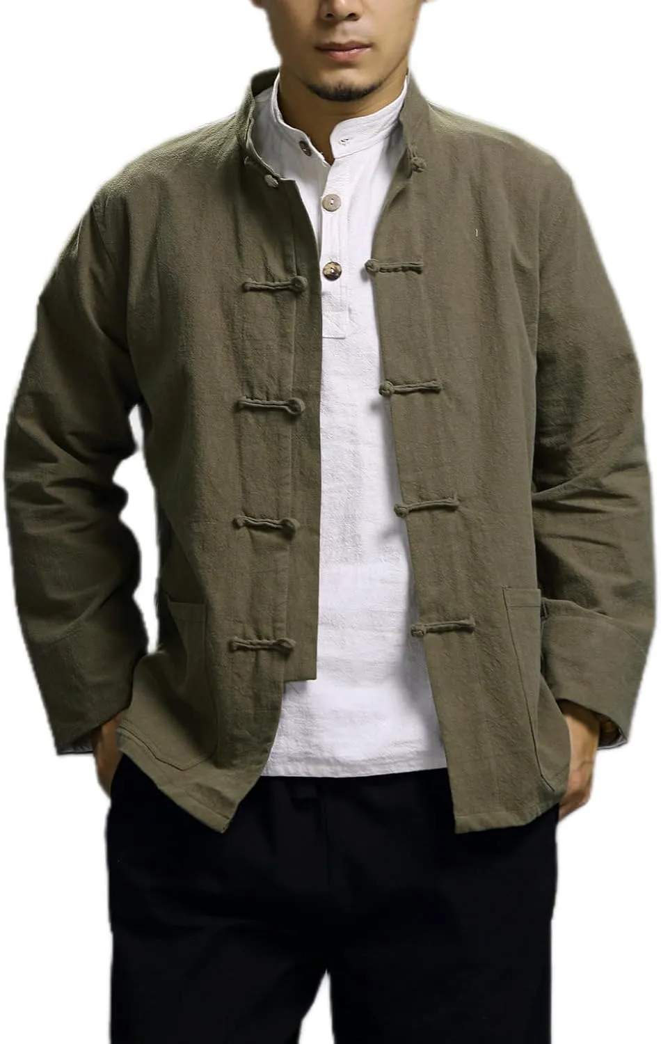 Men's Chinese Linen Cotton Blouse Shirts Long Sleeve Frog-Button Jacket Shirt Tai Chi Kung Fu Shirts with Pocket