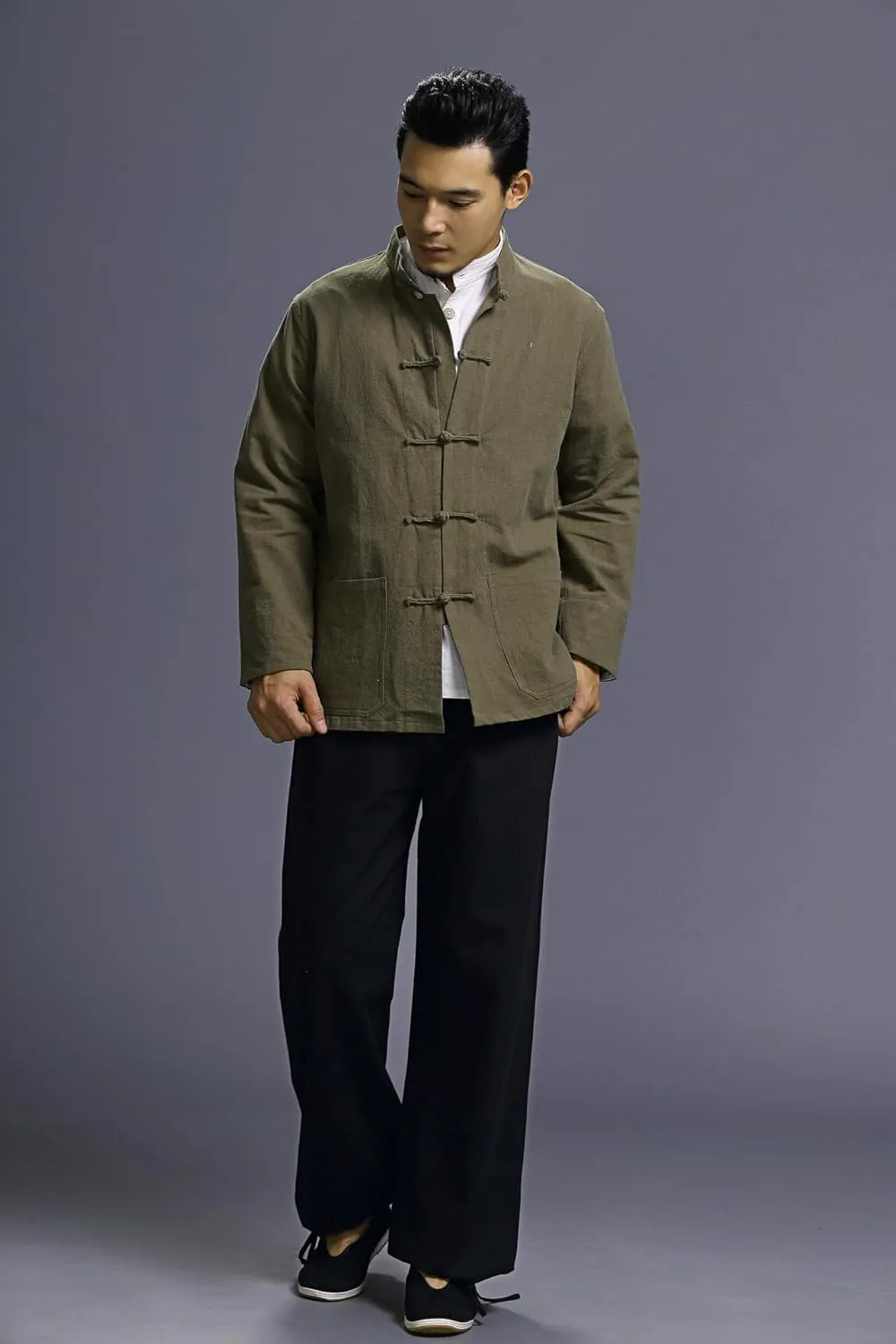 Men's Chinese Linen Cotton Blouse Shirts Long Sleeve Frog-Button Jacket Shirt Tai Chi Kung Fu Shirts with Pocket