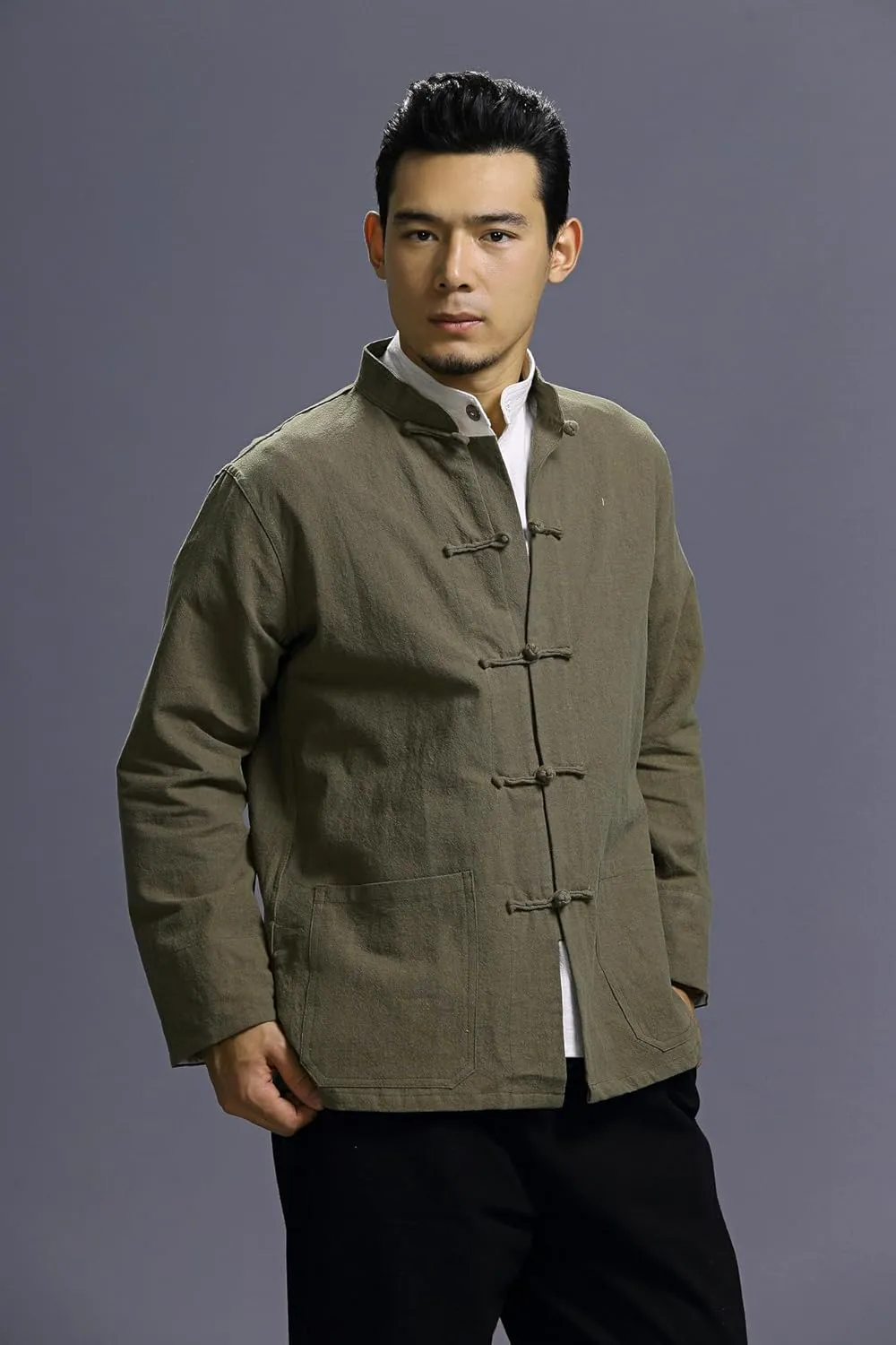 Men's Chinese Linen Cotton Blouse Shirts Long Sleeve Frog-Button Jacket Shirt Tai Chi Kung Fu Shirts with Pocket