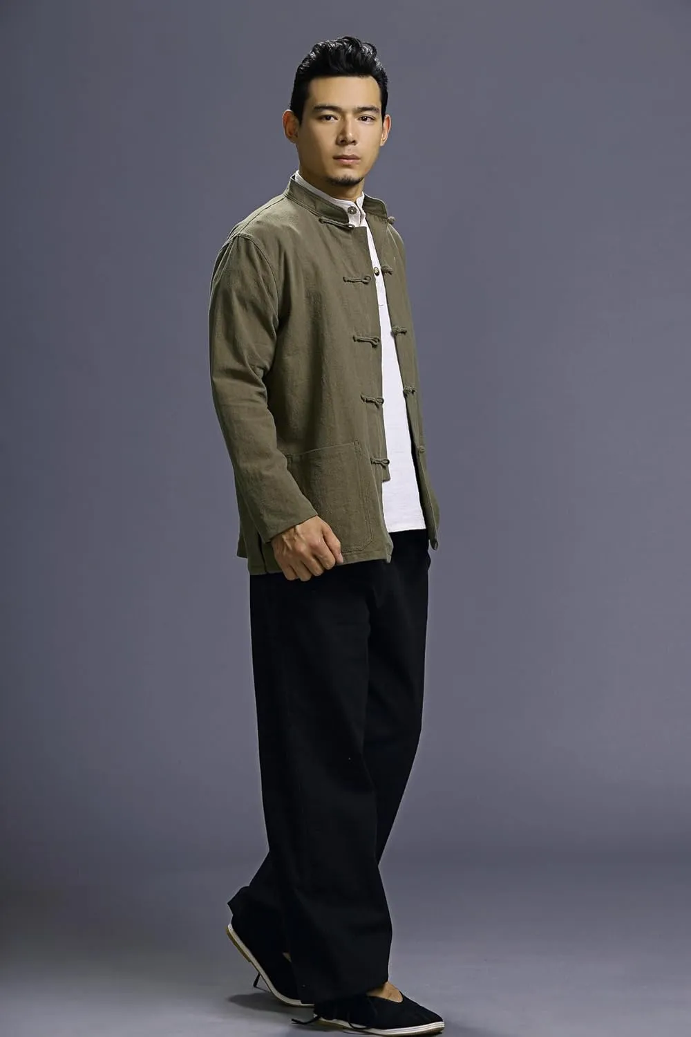 Men's Chinese Linen Cotton Blouse Shirts Long Sleeve Frog-Button Jacket Shirt Tai Chi Kung Fu Shirts with Pocket