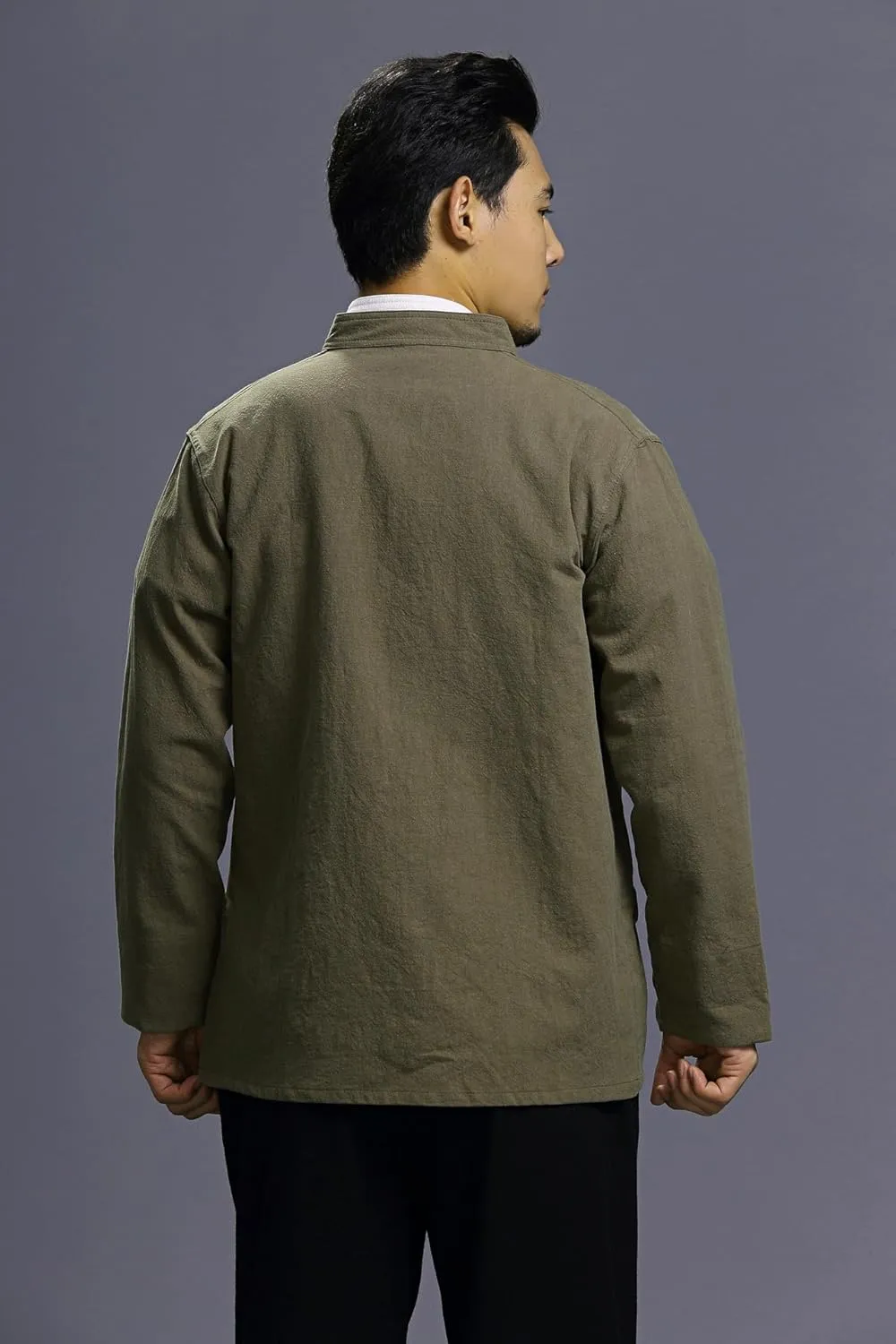 Men's Chinese Linen Cotton Blouse Shirts Long Sleeve Frog-Button Jacket Shirt Tai Chi Kung Fu Shirts with Pocket