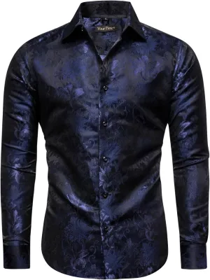 Mens Dress Shirt Silk Long Sleeve Button Up Shirts Retro Floral Tuxedo Shirts for Wedding Party Events