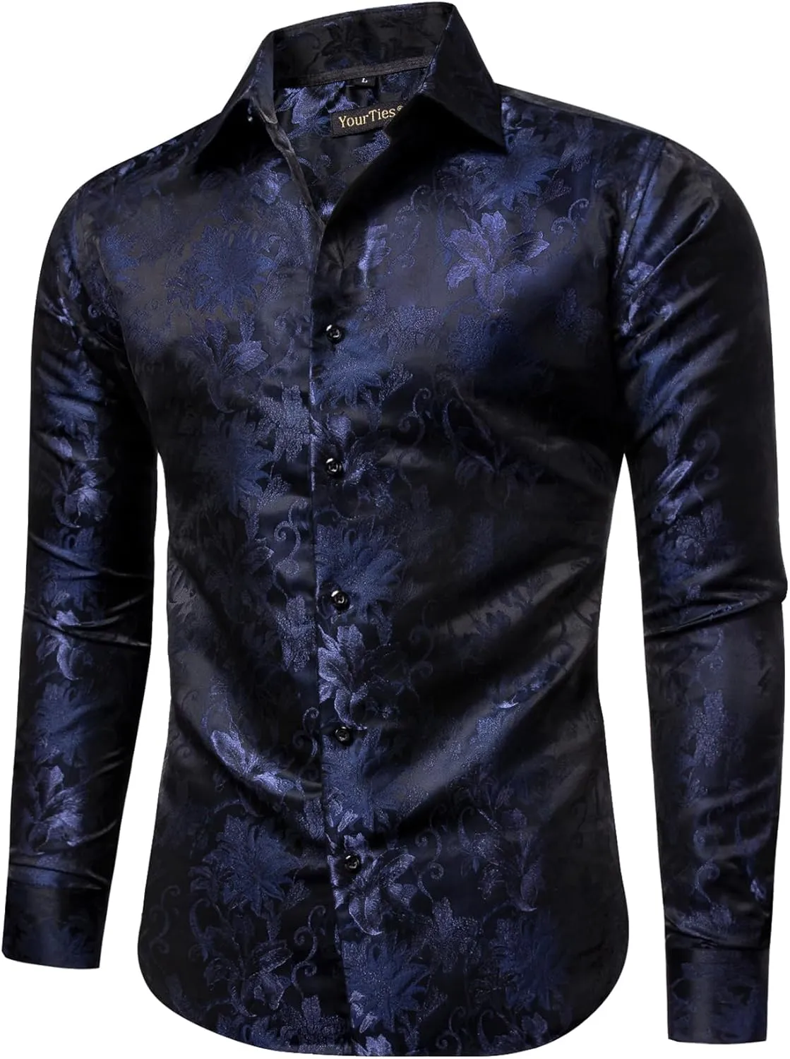 Mens Dress Shirt Silk Long Sleeve Button Up Shirts Retro Floral Tuxedo Shirts for Wedding Party Events