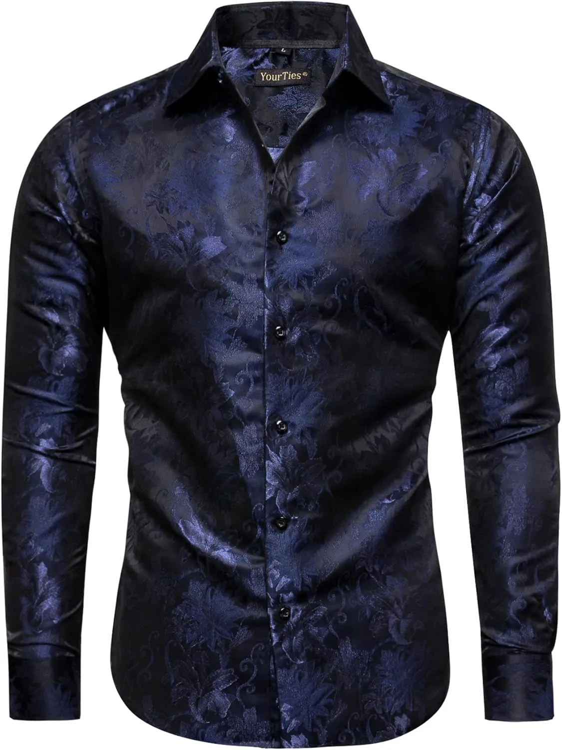 Mens Dress Shirt Silk Long Sleeve Button Up Shirts Retro Floral Tuxedo Shirts for Wedding Party Events