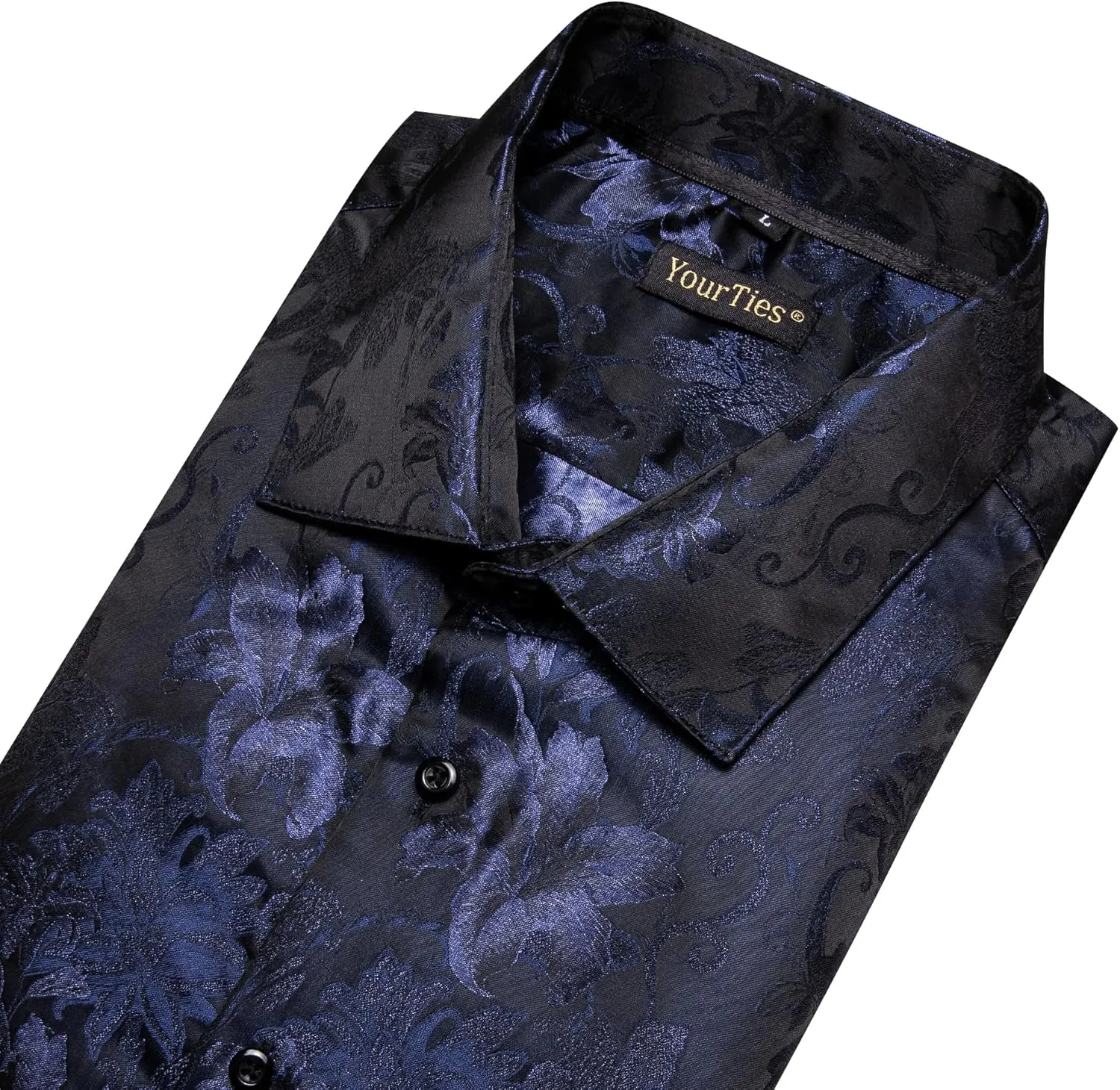 Mens Dress Shirt Silk Long Sleeve Button Up Shirts Retro Floral Tuxedo Shirts for Wedding Party Events